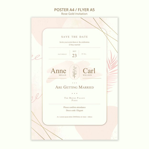 Plantilla de póster vertical de boda de oro rosa con hojas