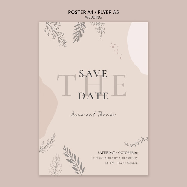 Plantilla de póster vertical para boda con vegetación.