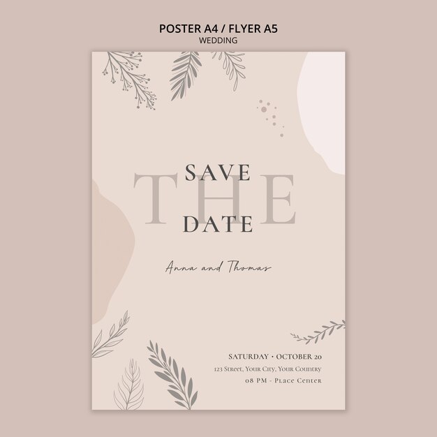 Plantilla de póster vertical para boda con vegetación.
