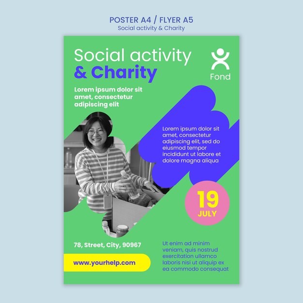 Plantilla de póster vertical para caridad y filantropía.