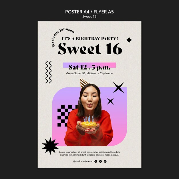 Plantilla de póster vertical de celebración dulce 16