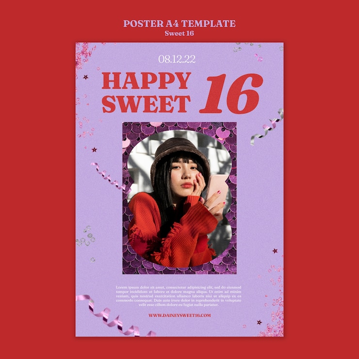 PSD gratuito plantilla de póster vertical de celebración dulce 16