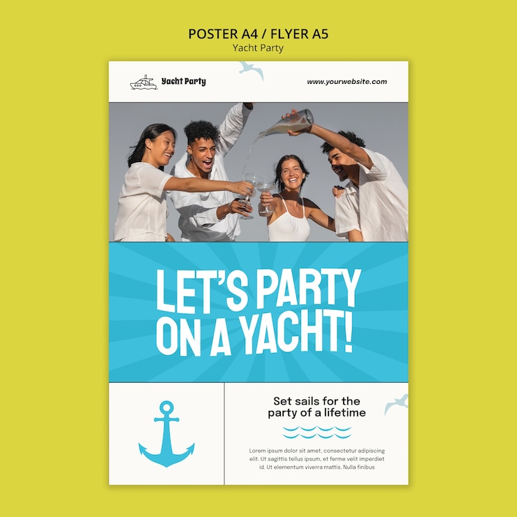 PSD gratuito plantilla de póster vertical para la celebración de una fiesta en un yate de lujo