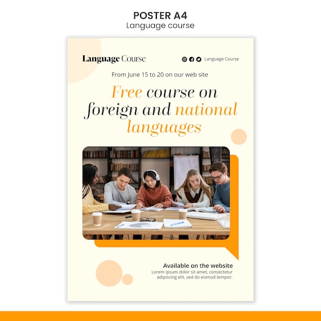 PSD gratuito plantilla de póster vertical de clases de idiomas con diseño de círculos