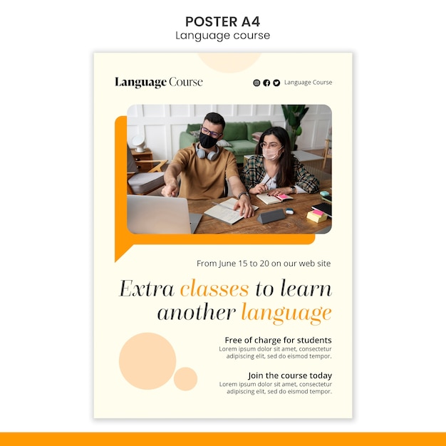 PSD gratuito plantilla de póster vertical de clases de idiomas con diseño de círculos