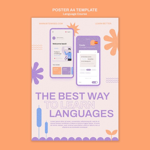 Plantilla de póster vertical de clases de idiomas extranjeros en estilo floral