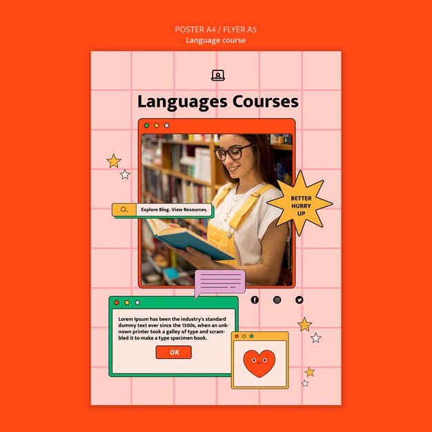Plantilla de póster vertical de clases de idiomas extranjeros en estilo de interfaz de computadora