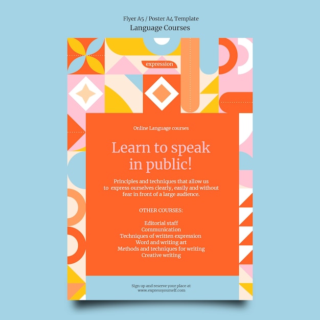 Plantilla de póster vertical de clases de idiomas extranjeros con formas geométricas
