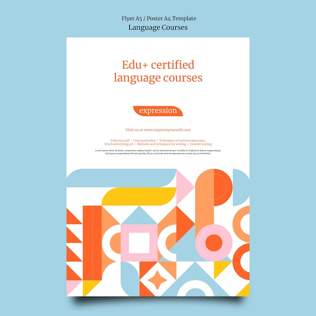 Plantilla de póster vertical de clases de idiomas extranjeros con formas geométricas