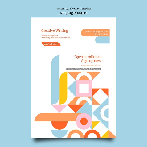 Plantilla de póster vertical de clases de idiomas extranjeros con formas geométricas