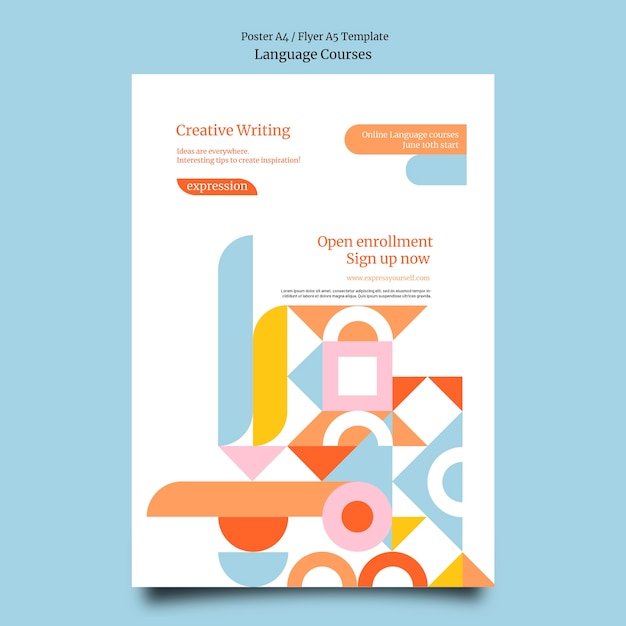Plantilla de póster vertical de clases de idiomas extranjeros con formas geométricas