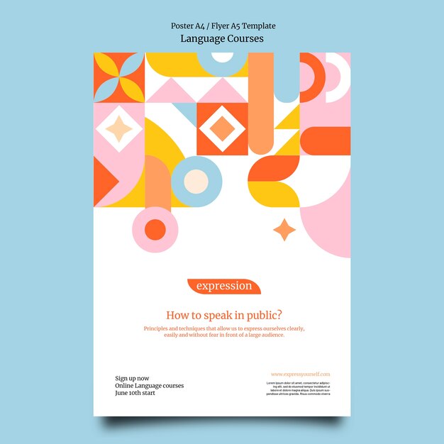 Plantilla de póster vertical de clases de idiomas extranjeros con formas geométricas