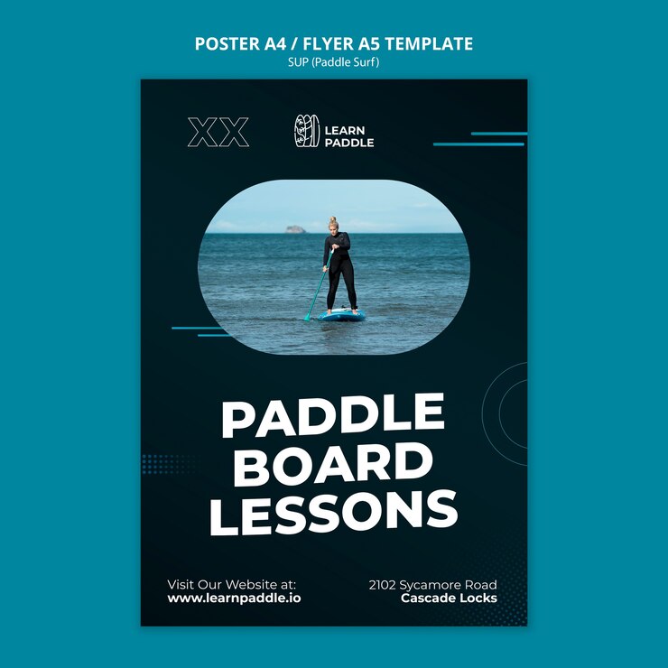 PSD gratuito plantilla de póster vertical de clases de paddle surf
