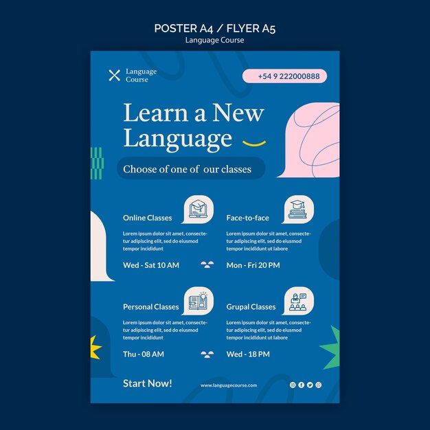 Plantilla de póster vertical de curso de idiomas con garabatos abstractos