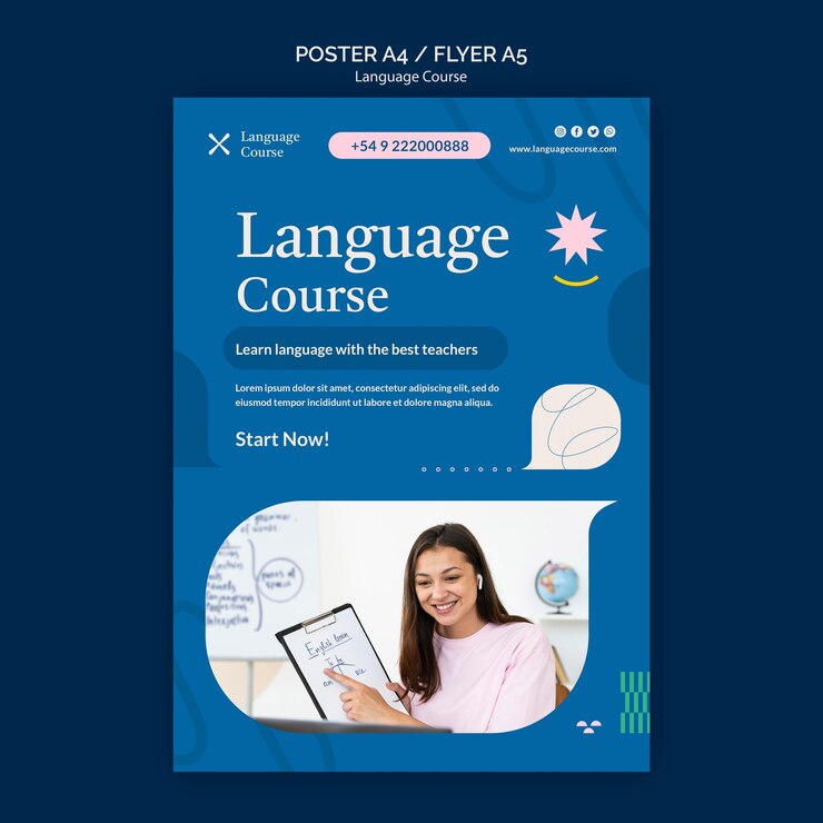 PSD gratuito plantilla de póster vertical de curso de idiomas con garabatos abstractos