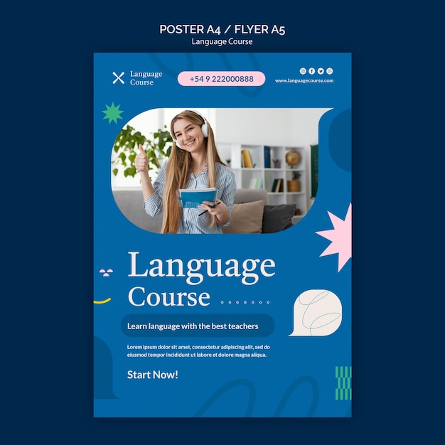 PSD gratuito plantilla de póster vertical de curso de idiomas con garabatos abstractos