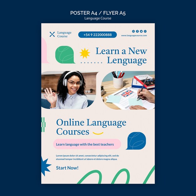 Plantilla de póster vertical de curso de idiomas con garabatos abstractos