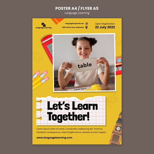 Plantilla de póster vertical de cursos de aprendizaje de inglés con elementos en inglés