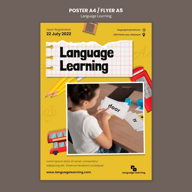 Plantilla de póster vertical de cursos de aprendizaje de inglés con elementos en inglés
