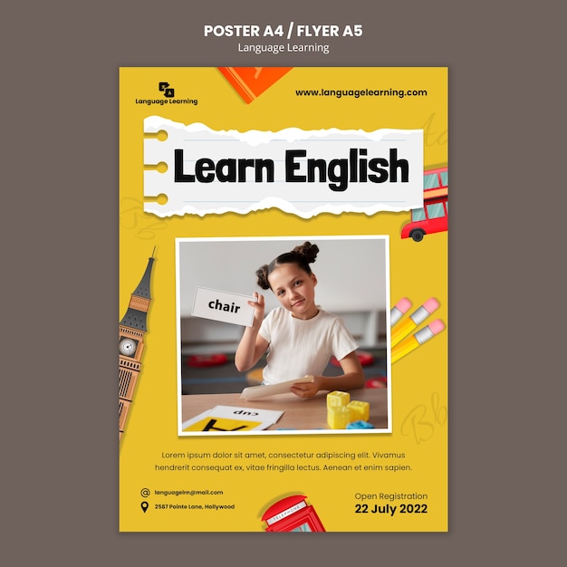 Plantilla de póster vertical de cursos de aprendizaje de inglés con elementos en inglés