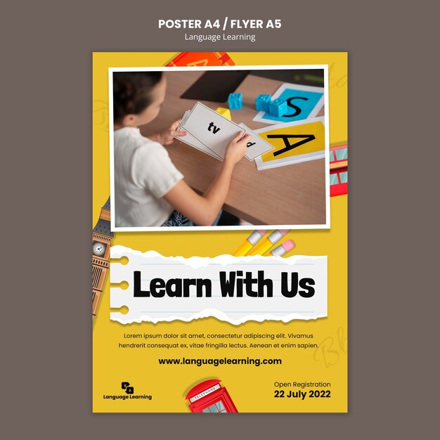 Plantilla de póster vertical de cursos de aprendizaje de inglés con elementos en inglés