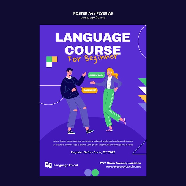 Plantilla de póster vertical de cursos de idiomas con personas y formas geométricas