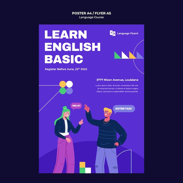 Plantilla de póster vertical de cursos de idiomas con personas y formas geométricas