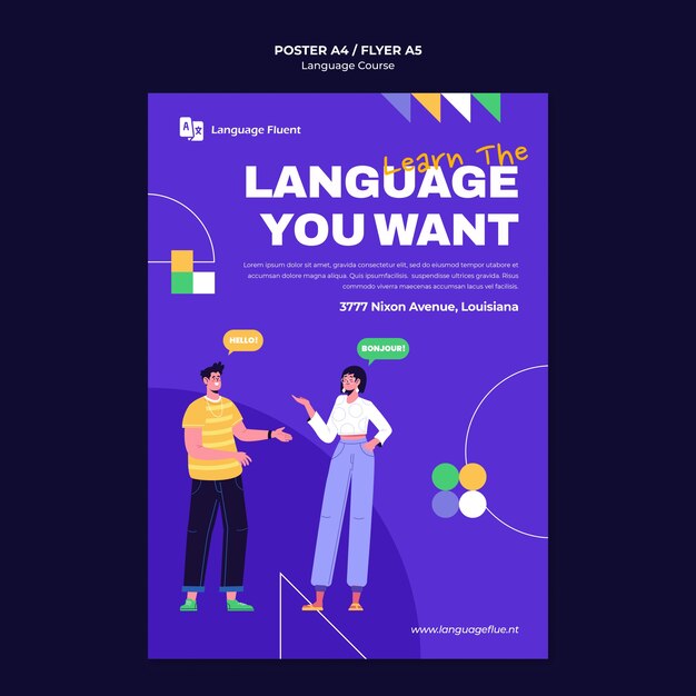 Plantilla de póster vertical de cursos de idiomas con personas y formas geométricas
