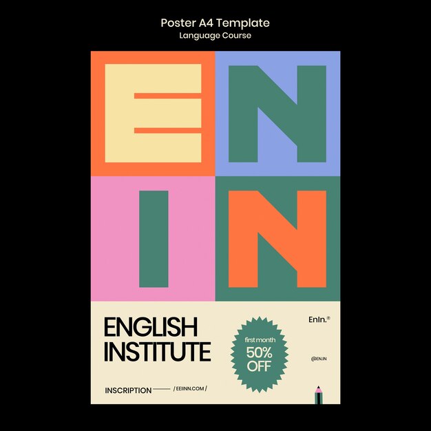 Plantilla de póster vertical de cursos de inglés en estilo retro