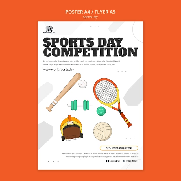 Plantilla de póster vertical deportivo con elementos.
