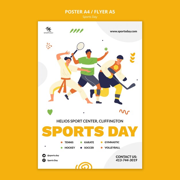 Plantilla de póster vertical deportivo con gente practicando deportes