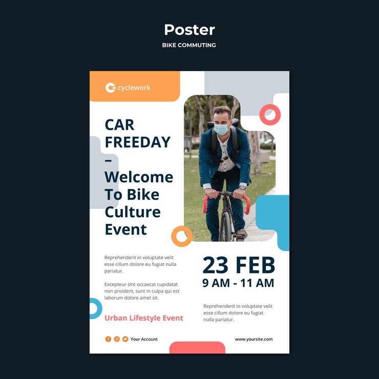 PSD gratuito plantilla de póster vertical para desplazamientos en bicicleta con pasajero masculino