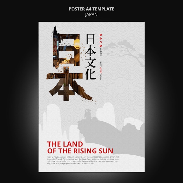Plantilla de póster vertical de destino de viaje de japón con símbolos japoneses