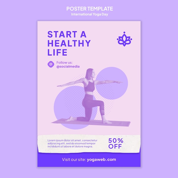 PSD gratuito plantilla de póster vertical del día internacional del yoga con persona practicando yoga