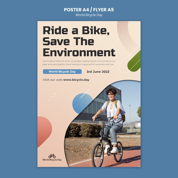 PSD gratuito plantilla de póster vertical del día mundial de la bicicleta con una persona que usa bicicleta