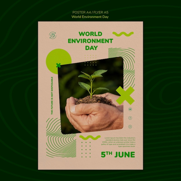 Plantilla de póster vertical del día mundial del medio ambiente con persona que sostiene la planta en la tierra