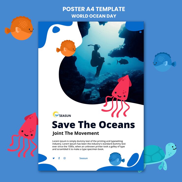 PSD gratuito plantilla de póster vertical del día mundial de los océanos con persona buceando