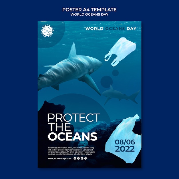 PSD gratuito plantilla de póster vertical del día mundial de los océanos con vida marina y contaminación plástica