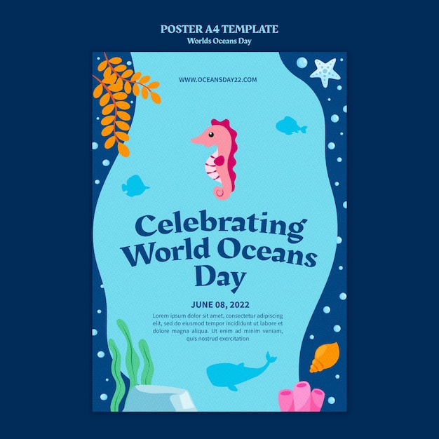 Plantilla de póster vertical del día mundial de los océanos con vida marina