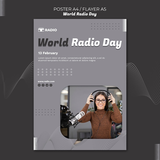 PSD gratuito plantilla de póster vertical para el día mundial de la radio con locutora