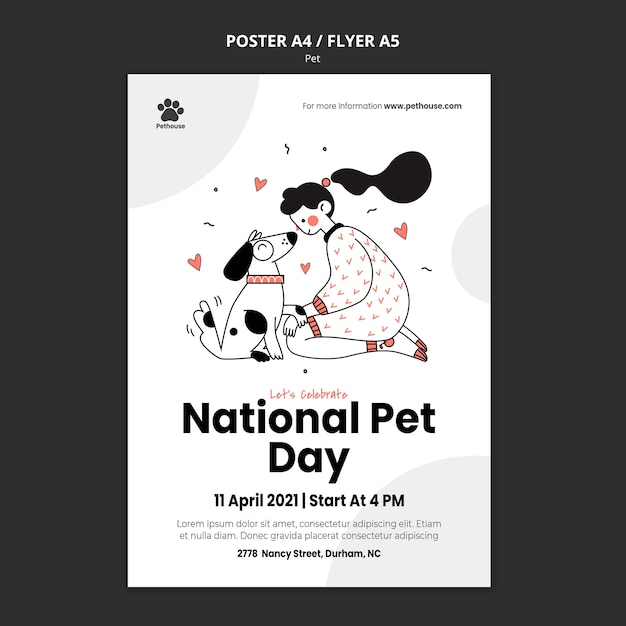 PSD gratuito plantilla de póster vertical para el día nacional de las mascotas con dueña y mascota