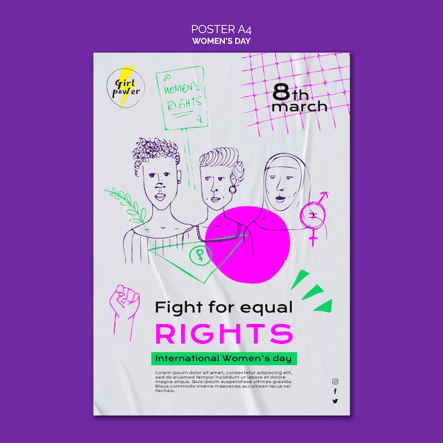 PSD gratuito plantilla de póster vertical dibujado a mano para la celebración del día de la mujer