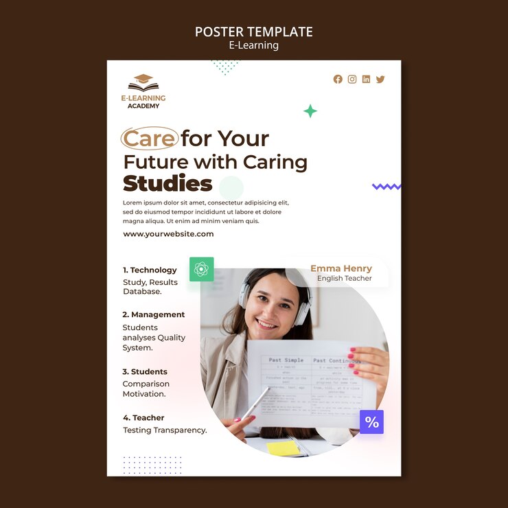 PSD gratuito plantilla de póster vertical de e-learning y clases a distancia en línea