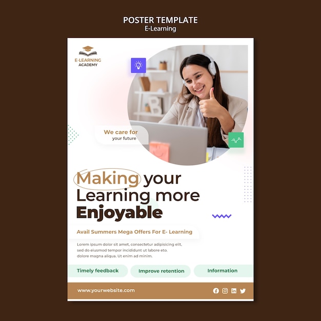 Plantilla de póster vertical de e-learning y clases a distancia en línea