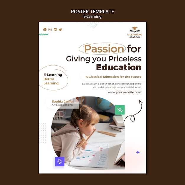 Plantilla de póster vertical de e-learning y clases a distancia en línea