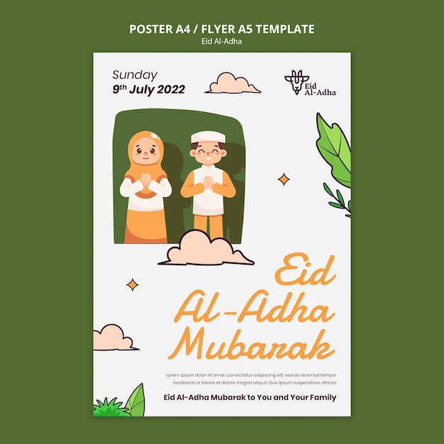 Plantilla de póster vertical de eid al-adha con personas rezando