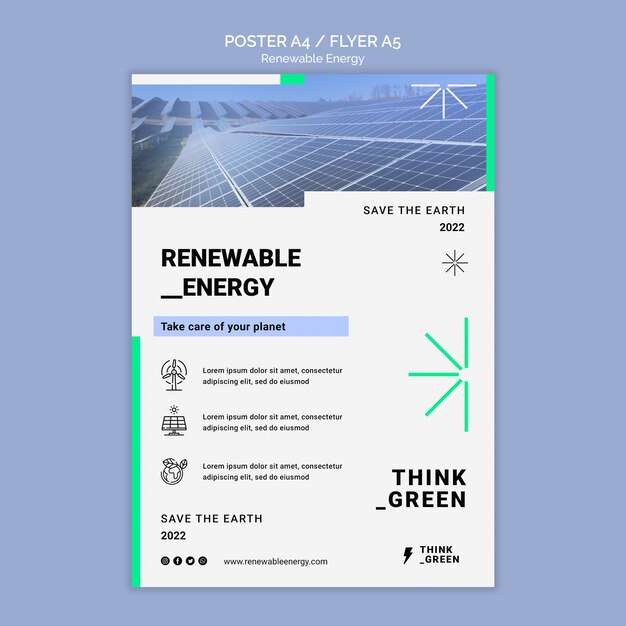 Plantilla de póster vertical de energía renovable y sostenible.