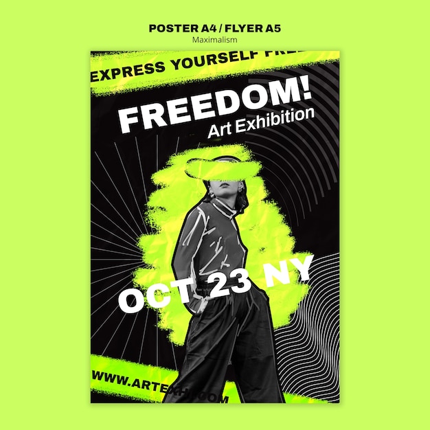 Plantilla de póster vertical para exhibición de arte en estilo maximalista