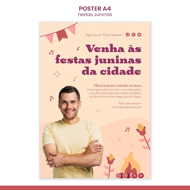 PSD gratuito plantilla de póster vertical de festas juninas con persona emocionada