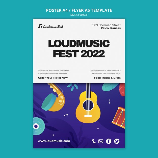 Plantilla de póster vertical del festival de música con instrumentos musicales